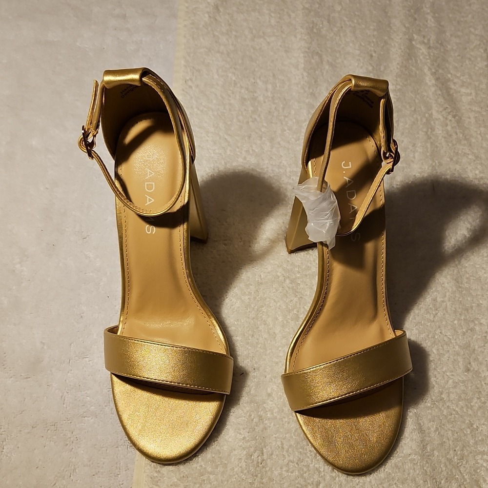 J. Adams Gold Synthetic Strappy Block Heel Ankle Strap Open Toe Buckle Size 6.5